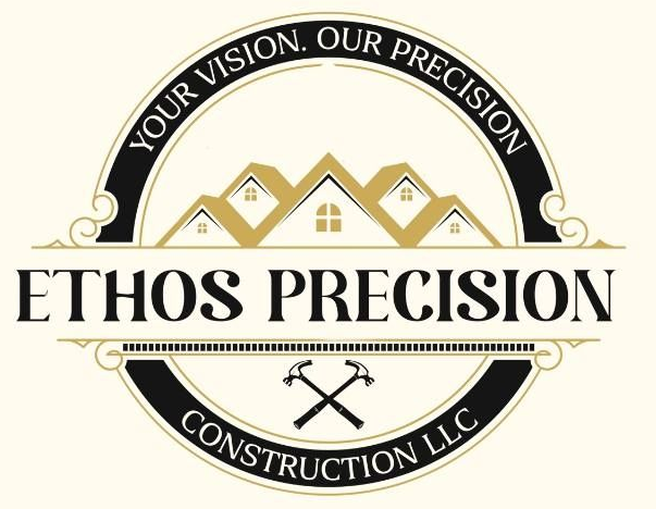 Ethos Precision Construction LLC logo with gold house roofs, black circular badge, and crossed tools