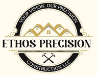 Ethos Precision Construction LLC logo with gold house roofs, black circular badge, and crossed tools