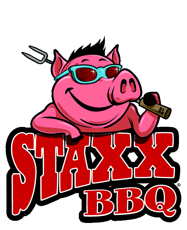 A cartoon pig wearing sunglasses and holding a fork is the logo for staxx bbq