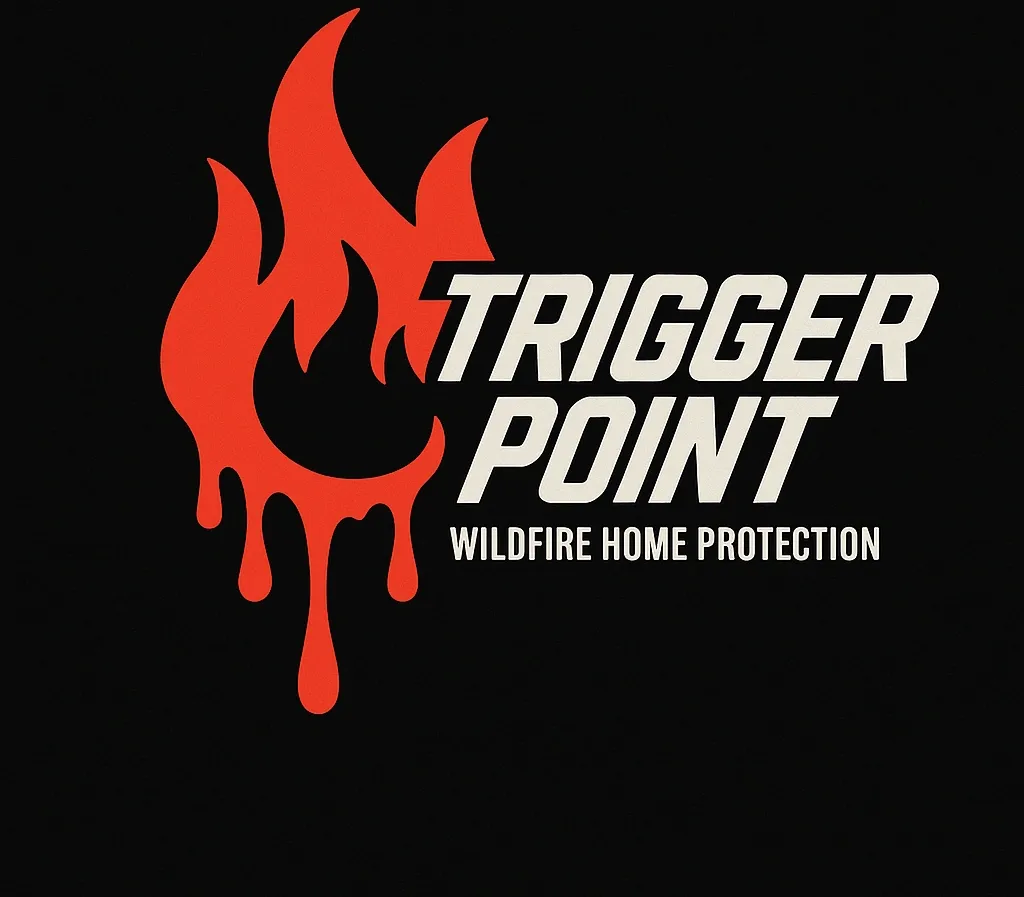 Logo for Trigger Point wildfire home protection, with a red flame and text on a black background.
