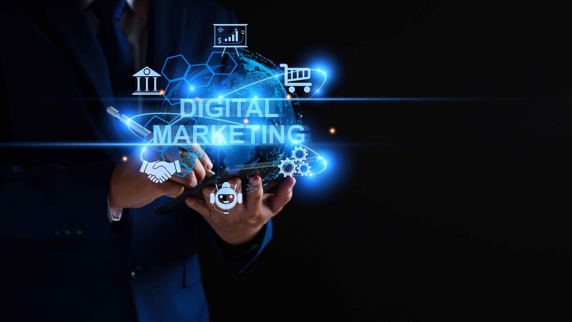 A man is holding a tablet with the words `` digital marketing '' coming out of it.