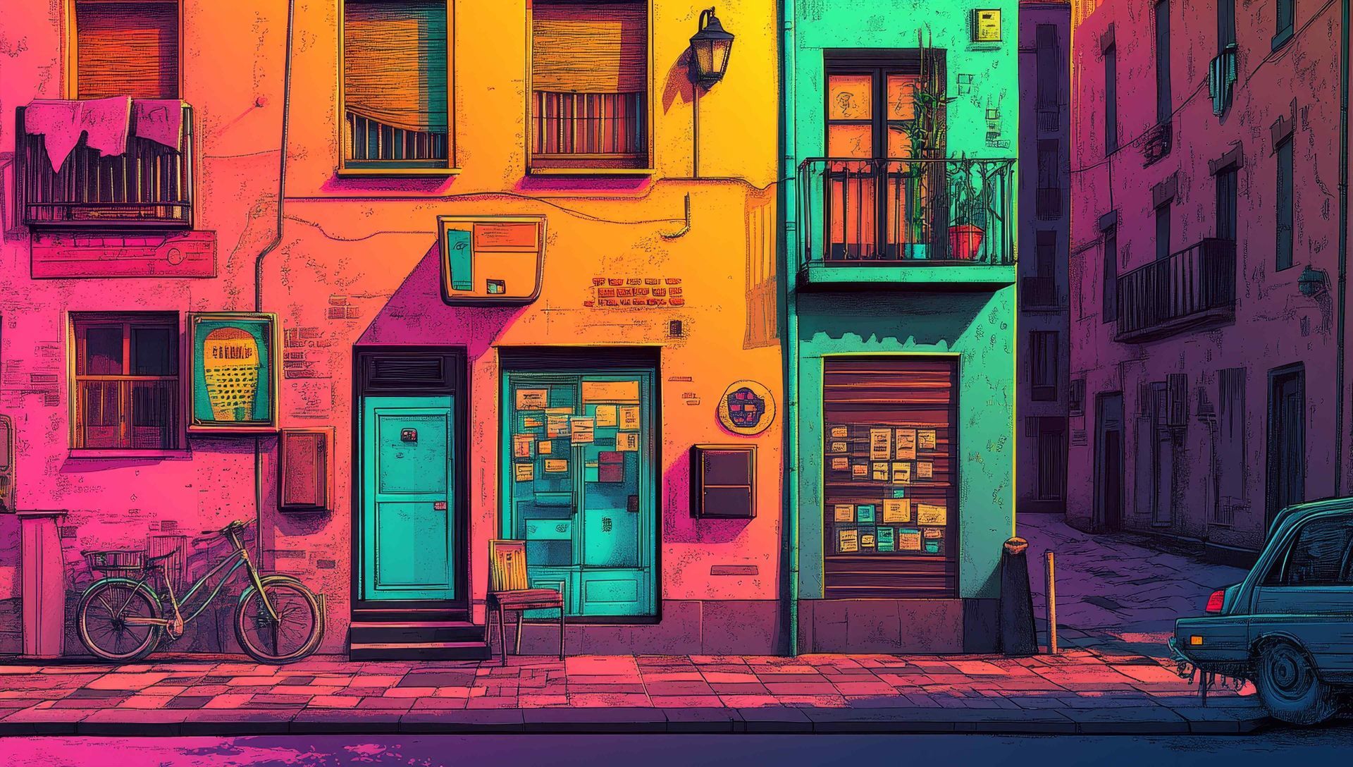 A painting of a colorful building with a car parked in front of it.