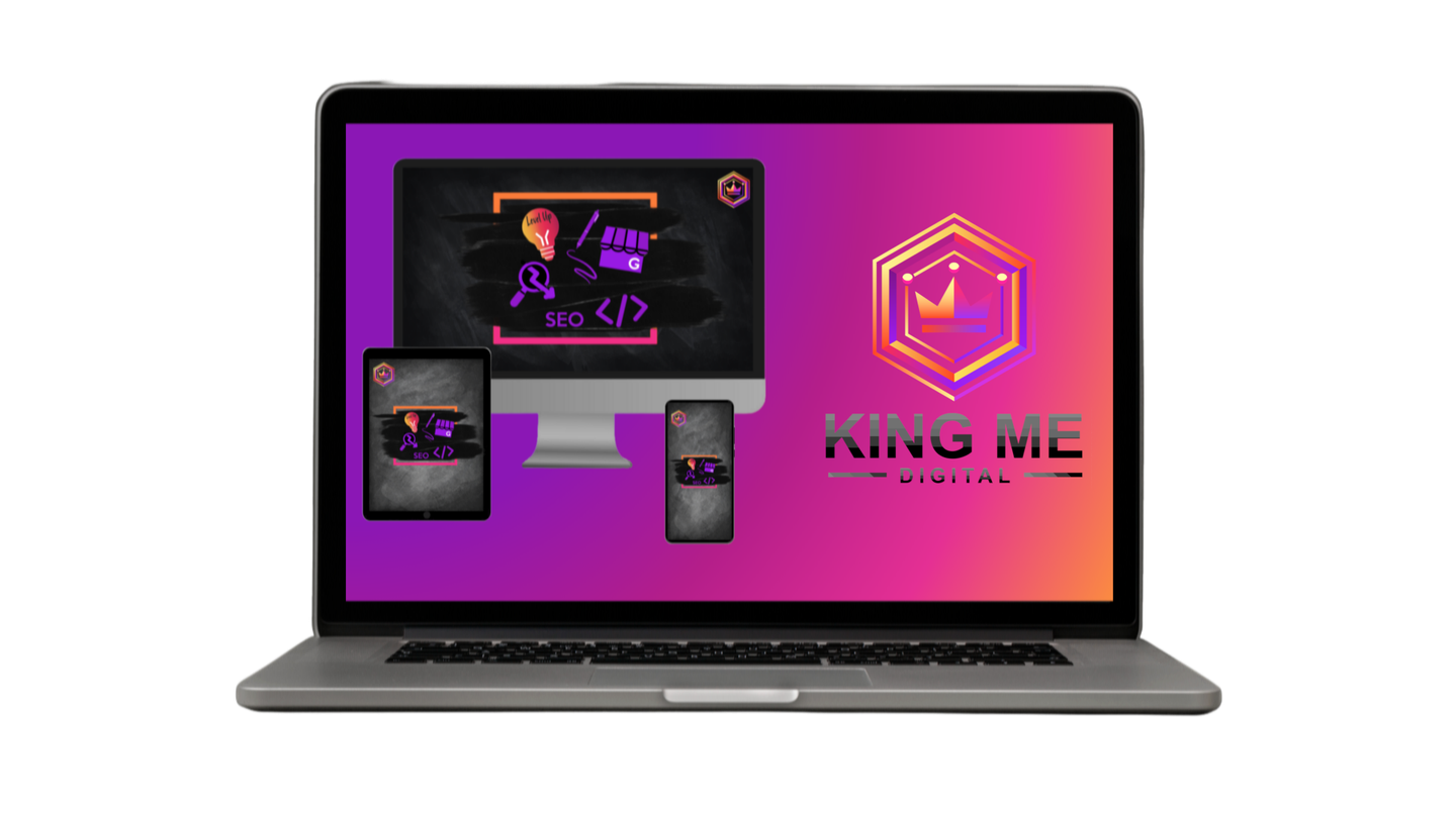 A laptop computer with a king me logo on the screen.
