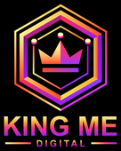 A logo for king me digital with a crown in a hexagon.