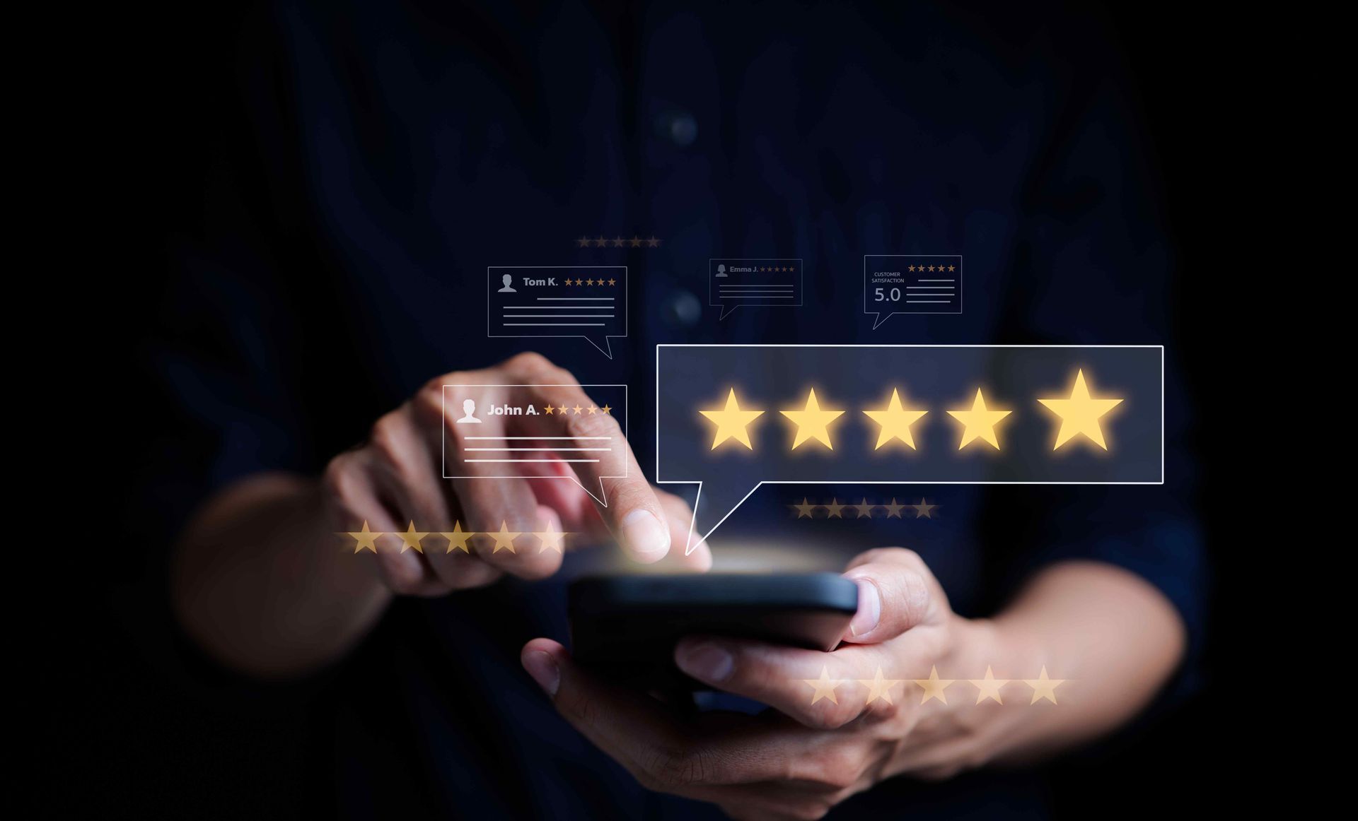 A person is giving a five star rating on a cell phone.