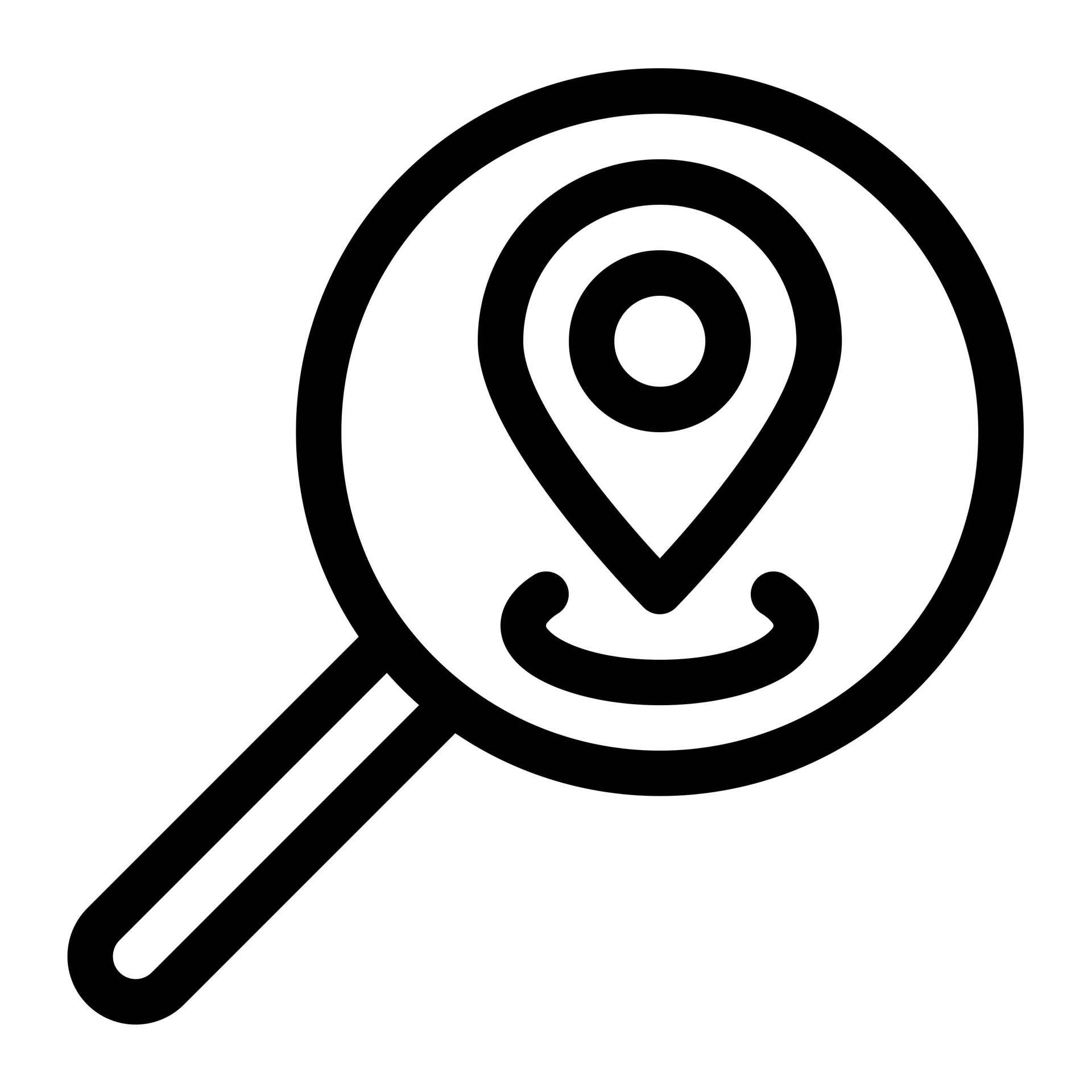 A magnifying glass with a map pin inside of it.