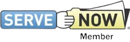 A blue and yellow logo for serve now member
