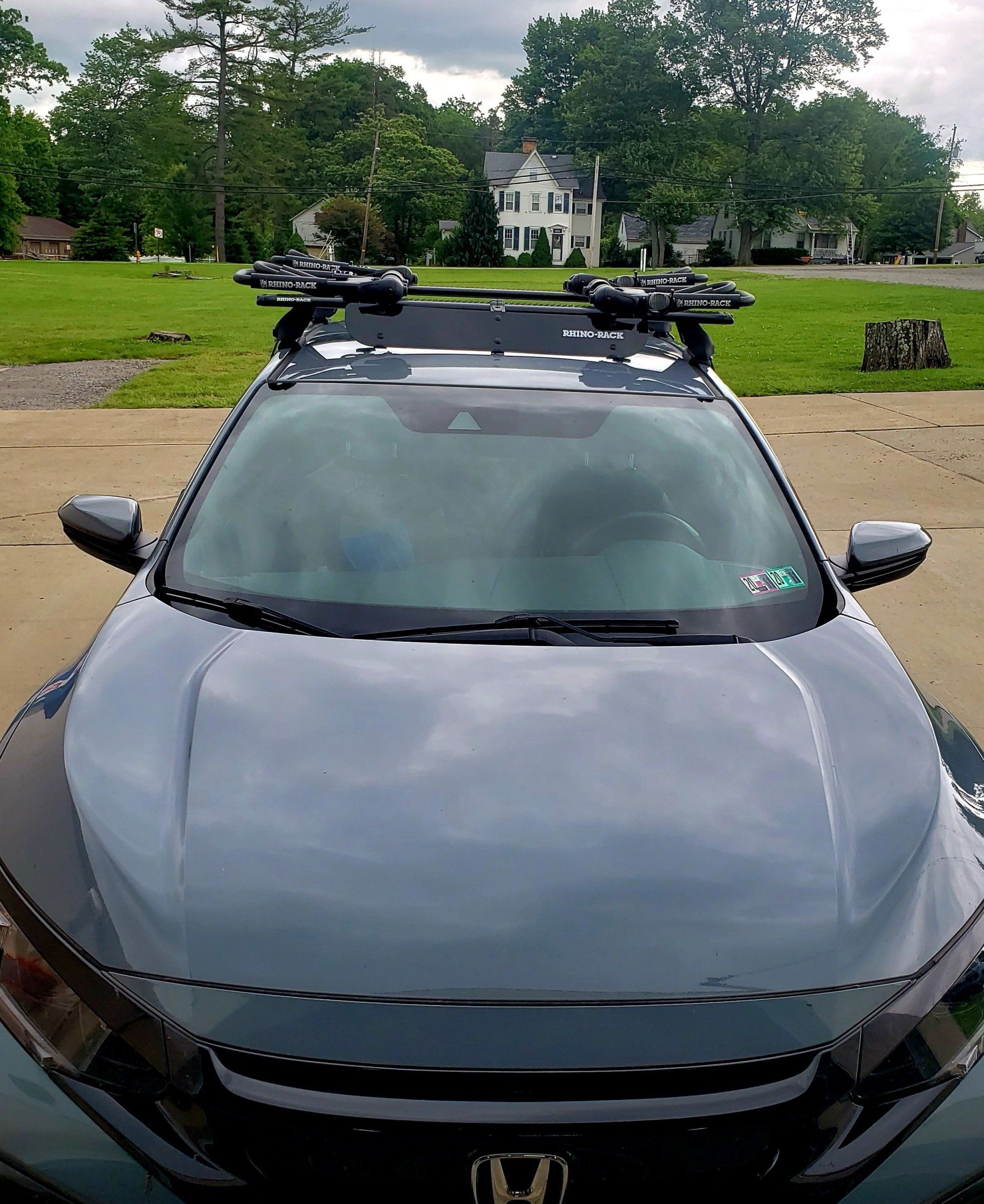 Honda Civic with roof rack to haul kayaks, Rhino Rack installed on Honda Civic Hatchback