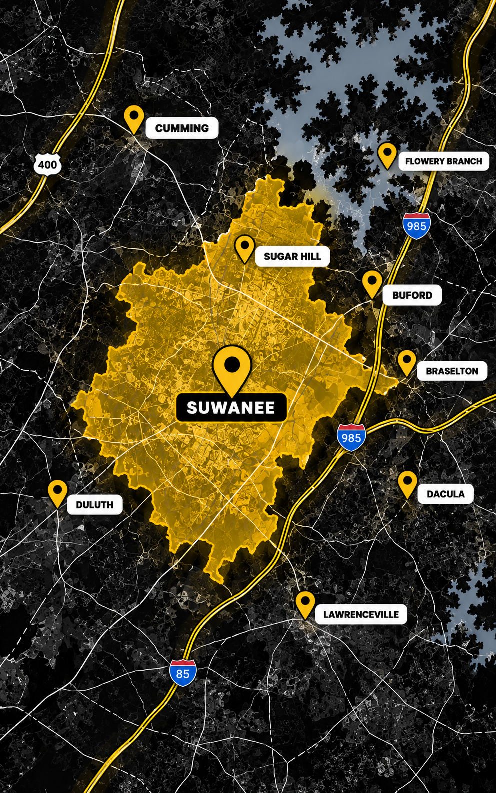 Map highlighting Suwannee in yellow with nearby place labels and roads on a dark satellite background
