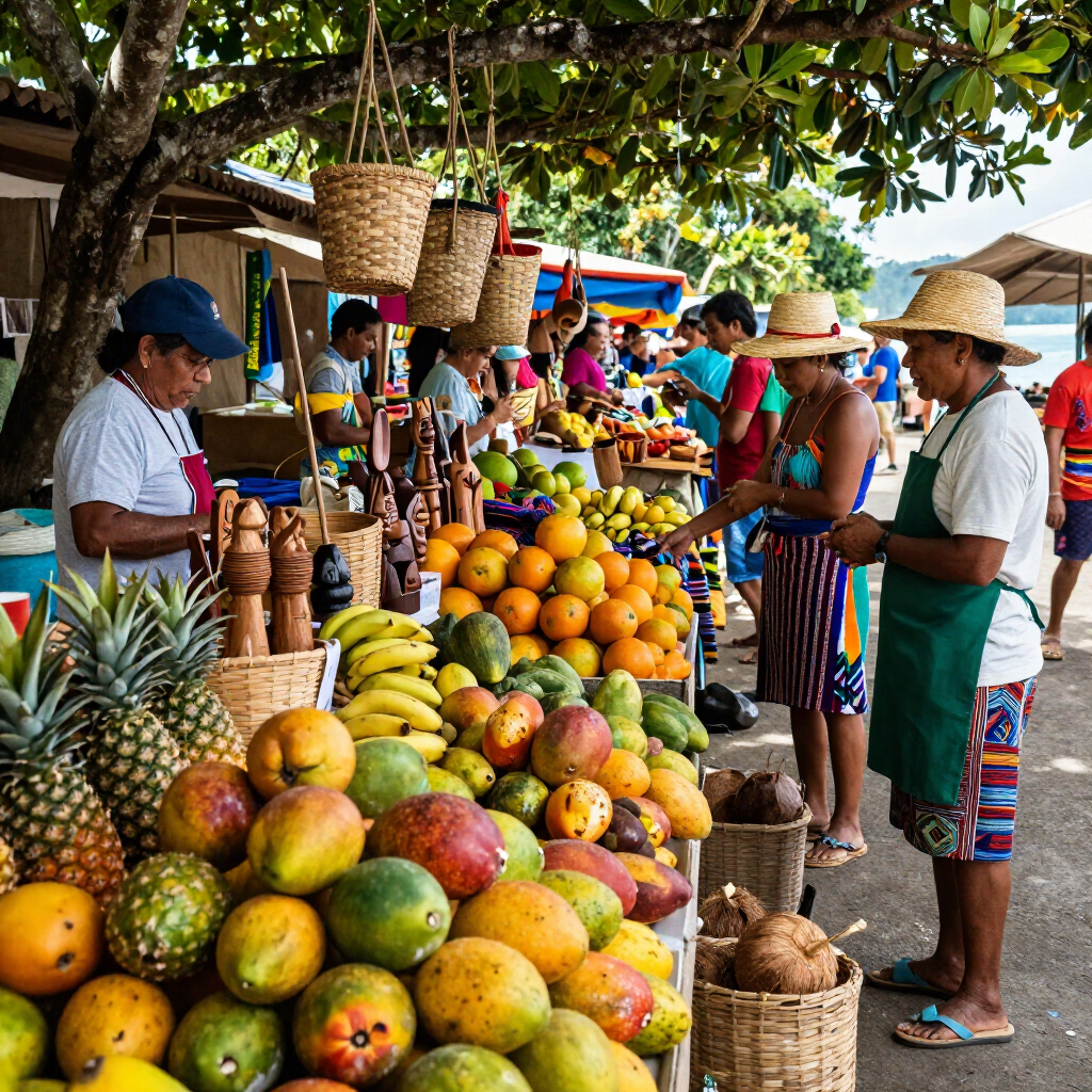 Outdoor fruit market stall with pineapples, bananas, mangoes, and vendors under a tree