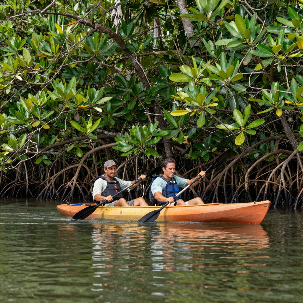 Two people kayaking in a wooden canoe on calm water beside dense mangrove trees