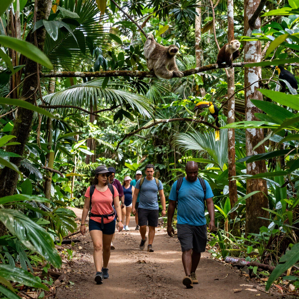 People walking on a jungle trail with two monkeys in the trees overhead