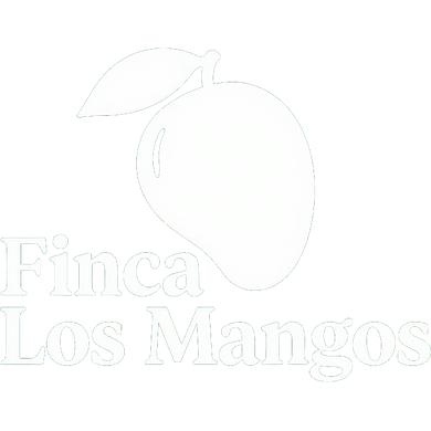 Outline of a mango with text “Finca Los Mangos” beneath it