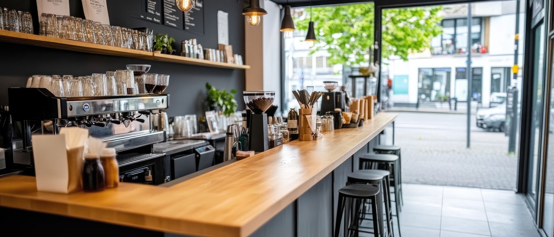 Empty Café Interior with A Long Wooden Counter and Sunlight Through the Open Front Door — JPR Concepts in Burleigh Heads, QLD