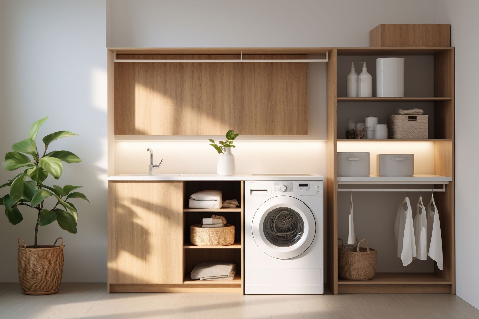 Modern Laundry Room with Wood Cabinetry and A Potted Plant in Warm Sunlight — JPR Concepts in Burleigh Heads, QLD