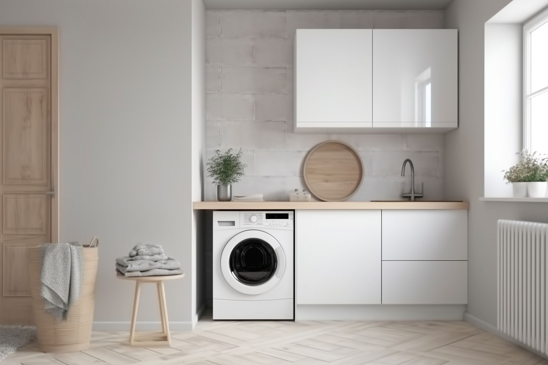 Modern White Laundry Room with Washer Under a Wooden Countertop — JPR Concepts in Burleigh Heads, QLD
