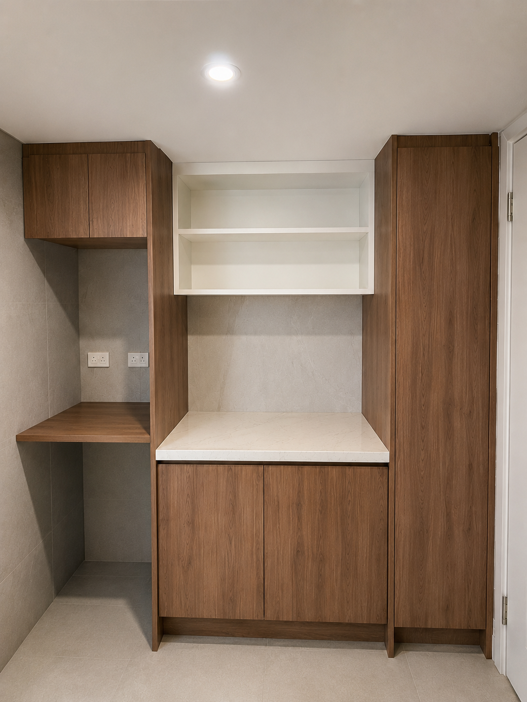 Built In Wooden Closet with White Shelves and Cabinets in A Small Room — JPR Concepts in Burleigh Heads, QLD