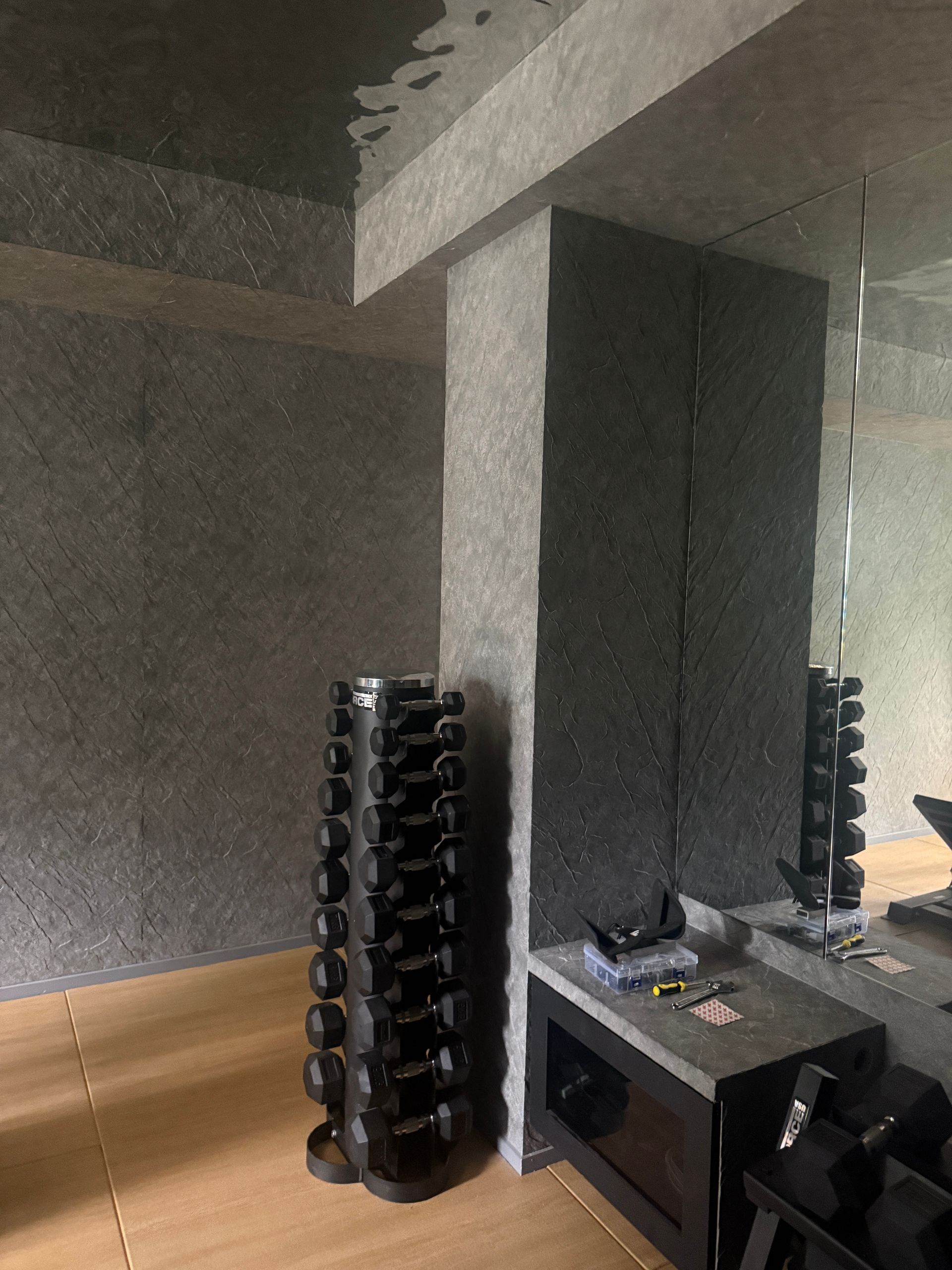 Modern Gym Corner with A Black Dumbbell Rack, Mirror, and Workout Bench Against Walls — JPR Concepts in Burleigh Heads, QLD