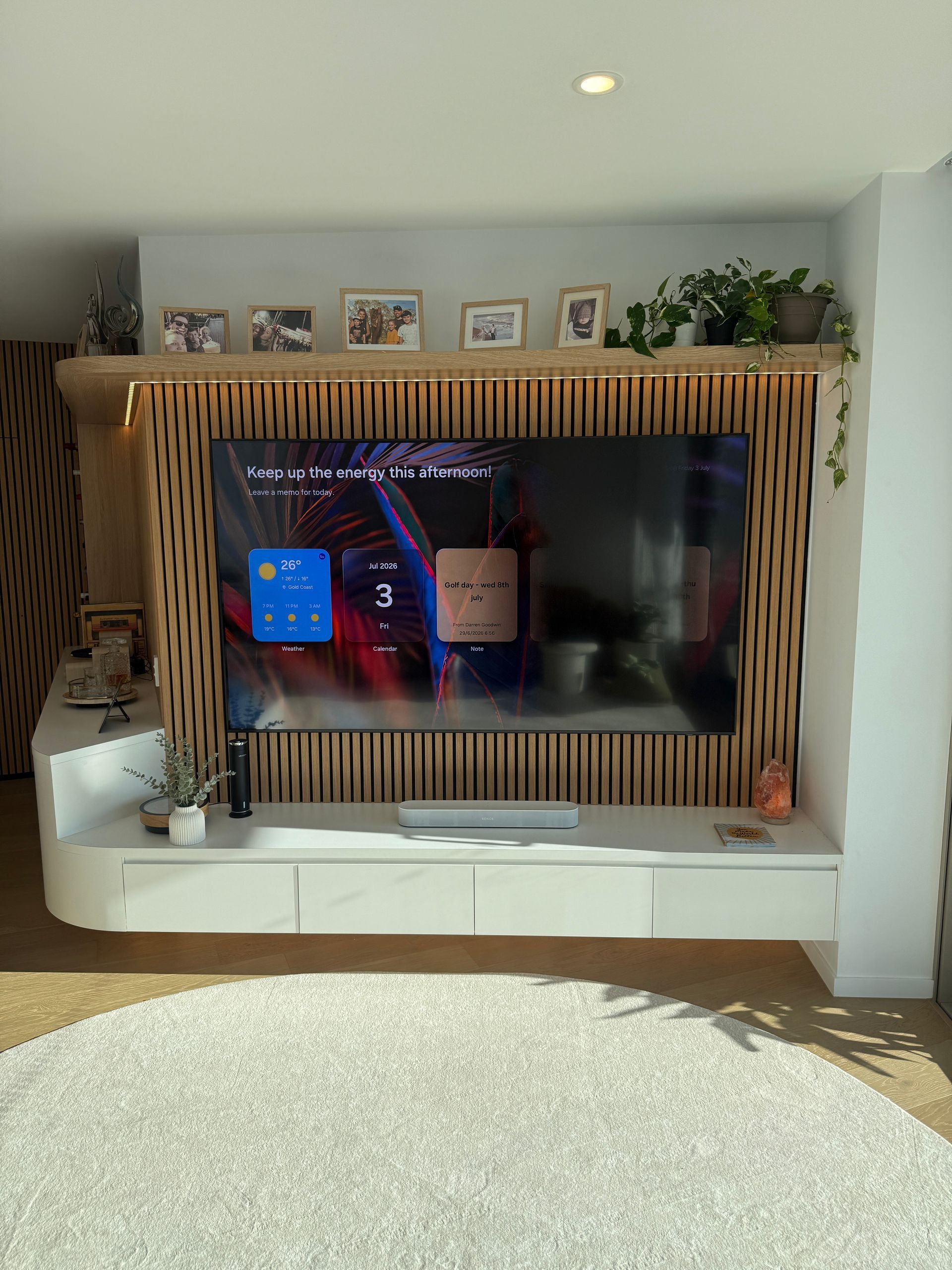 Modern Living Room TV Wall with Wood Slat Framing — JPR Concepts in Burleigh Heads, QLD