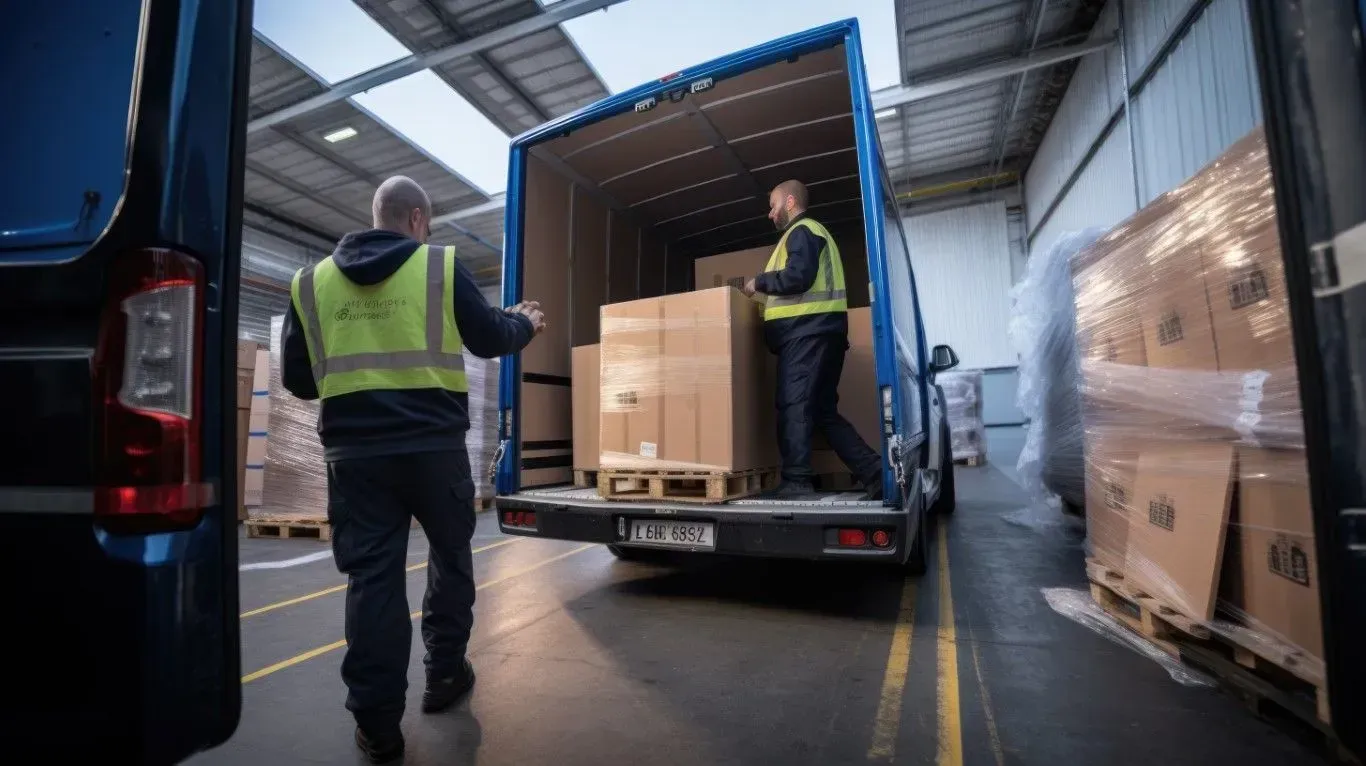 Movers loading cardboard boxes into a moving truck.