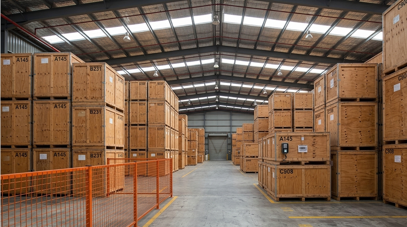 Interior of a large warehouse with stacked wooden crates.