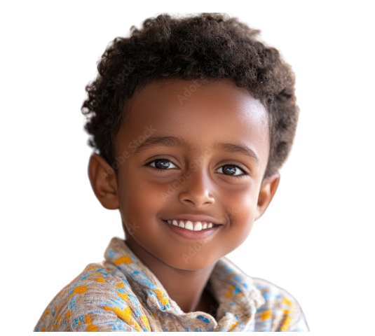 Smiling child with dark curly hair, wearing a patterned shirt, and a bright smile.