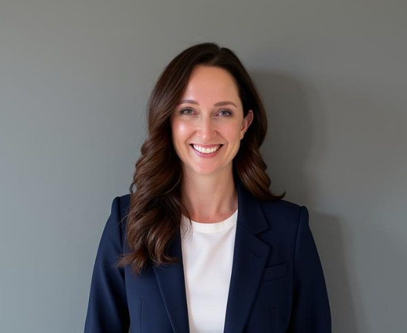 Woman in navy blazer and white shirt, smiling, against a gray background.