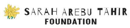 Logo of Sarah Arebu Tahir Foundation: Yellow flower and black text.