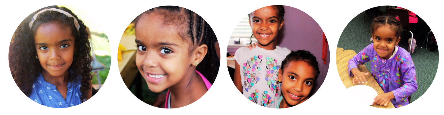 Four portraits of a smiling child in different settings.