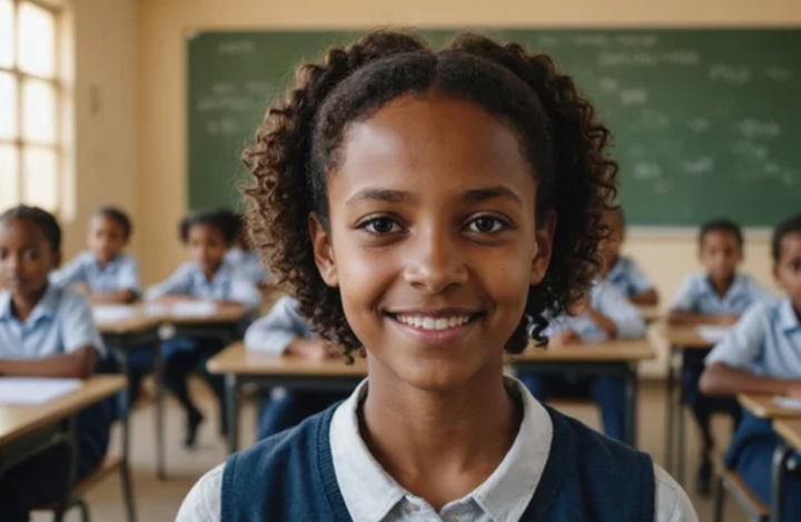 Girl smiles at the camera in a classroom, other students at desks in background.
