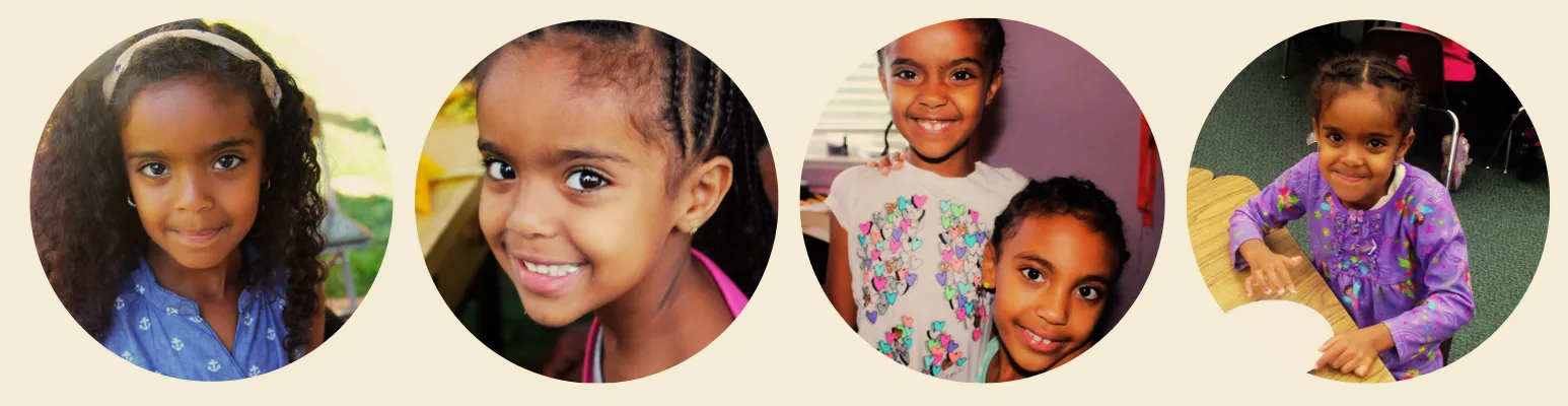 Four portraits of a smiling child in different settings.