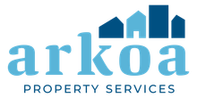The logo for arkoa property services is blue and white.