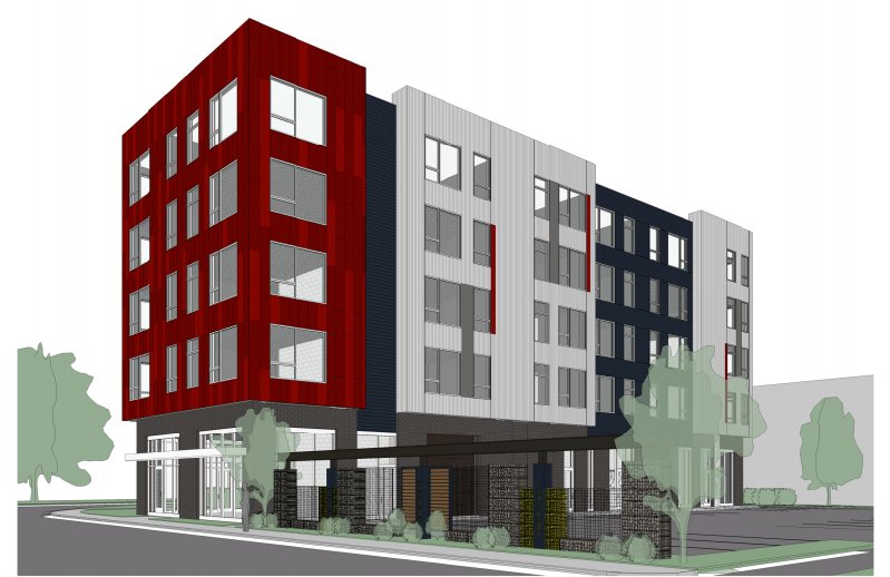 Rendering of a modern four-story apartment building with red, gray, and black facades on a street corner.