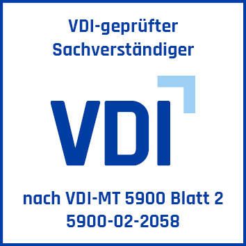 VDI logo with German text “VDI-geprüfter Sachverständiger” and “nach VDI-MT 5900 Blatt 2 5900-02-2058”