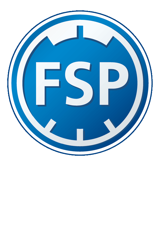 Blaues, kreisförmiges FSP-Logo mit weißen Buchstaben und einem zahnradähnlichen Rand