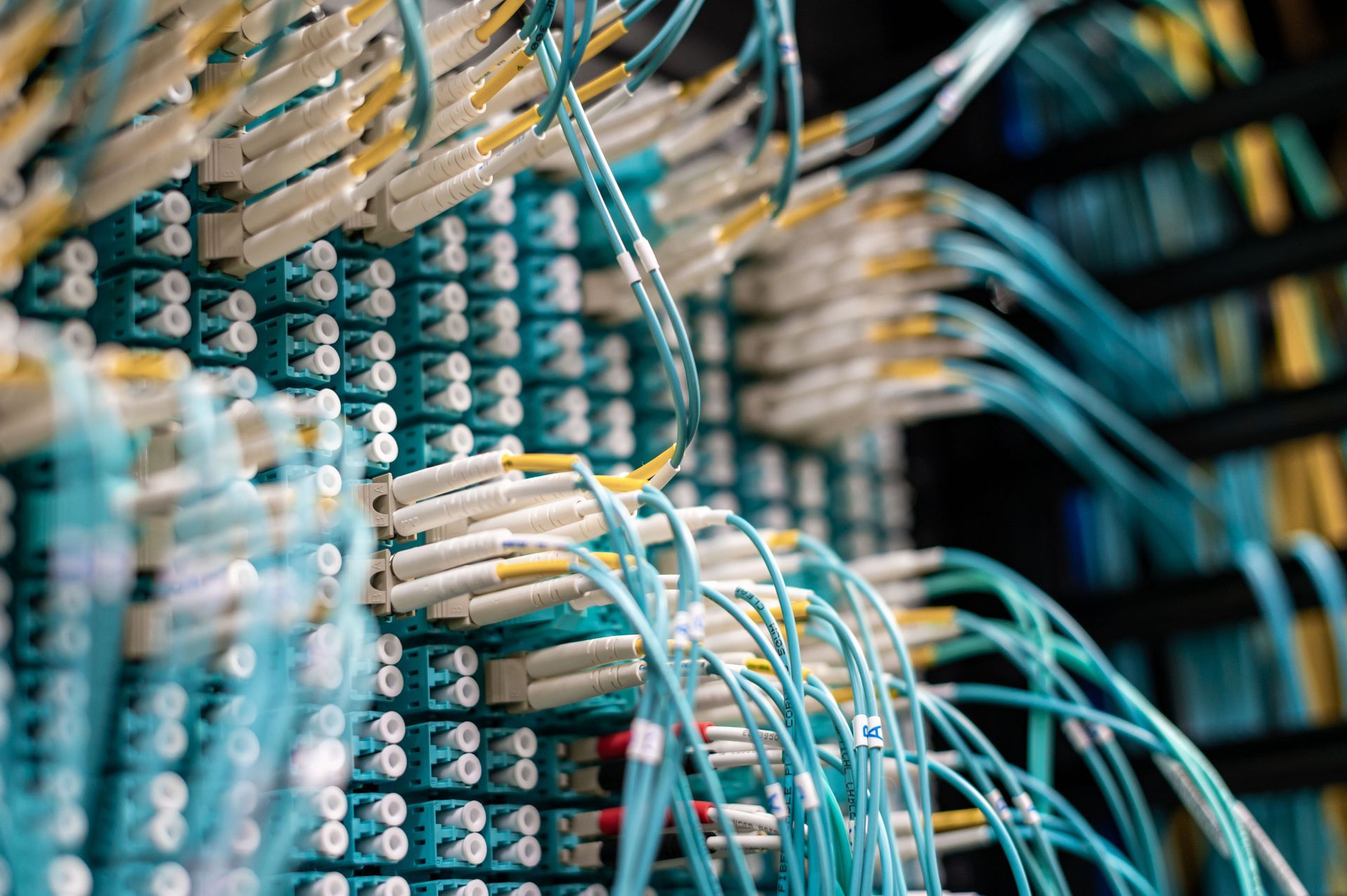 Blue fiber optic cables connected to a server rack in a networking data center