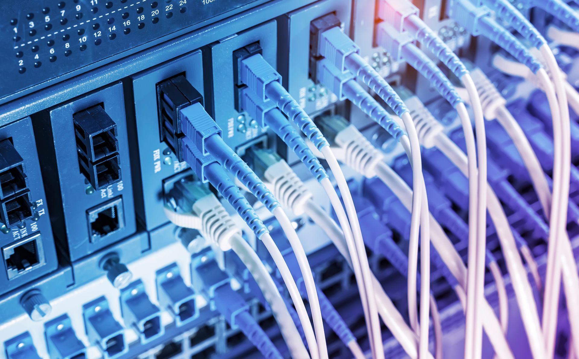 Close-up of network cables plugged into a router or switch with green status lights blinking
