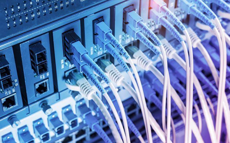Ethernet cables plugged into a network switch, close-up of blue ports and white cords.