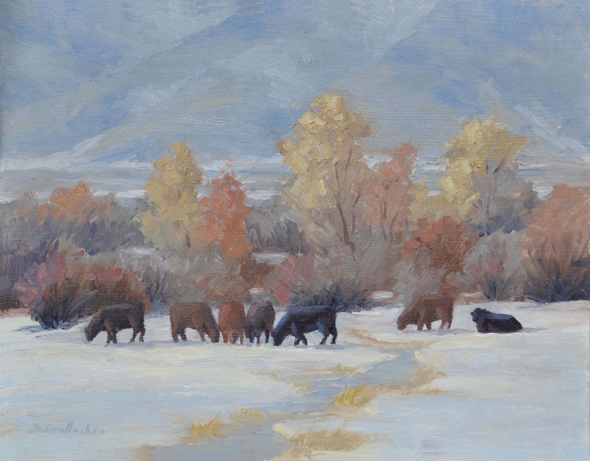 A painting of a herd of cows grazing in a snowy field.