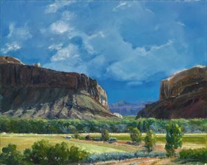 A painting of a valley with mountains in the background.