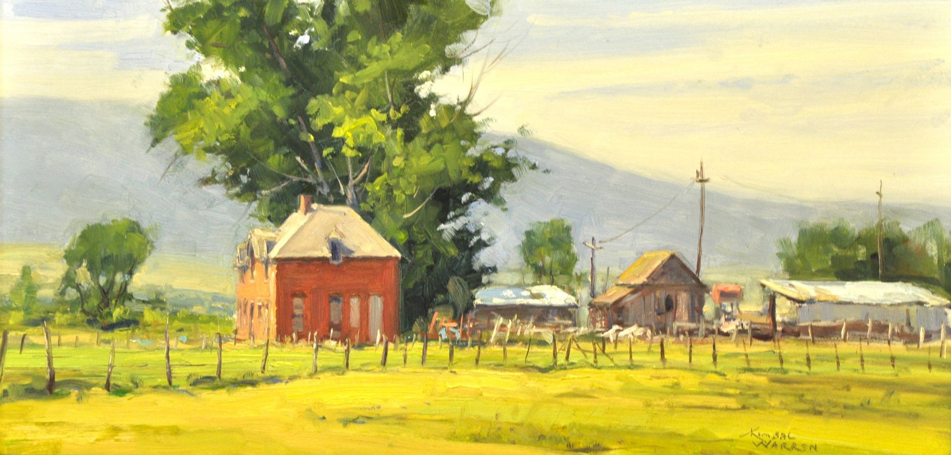 A painting of a red house in the middle of a field.