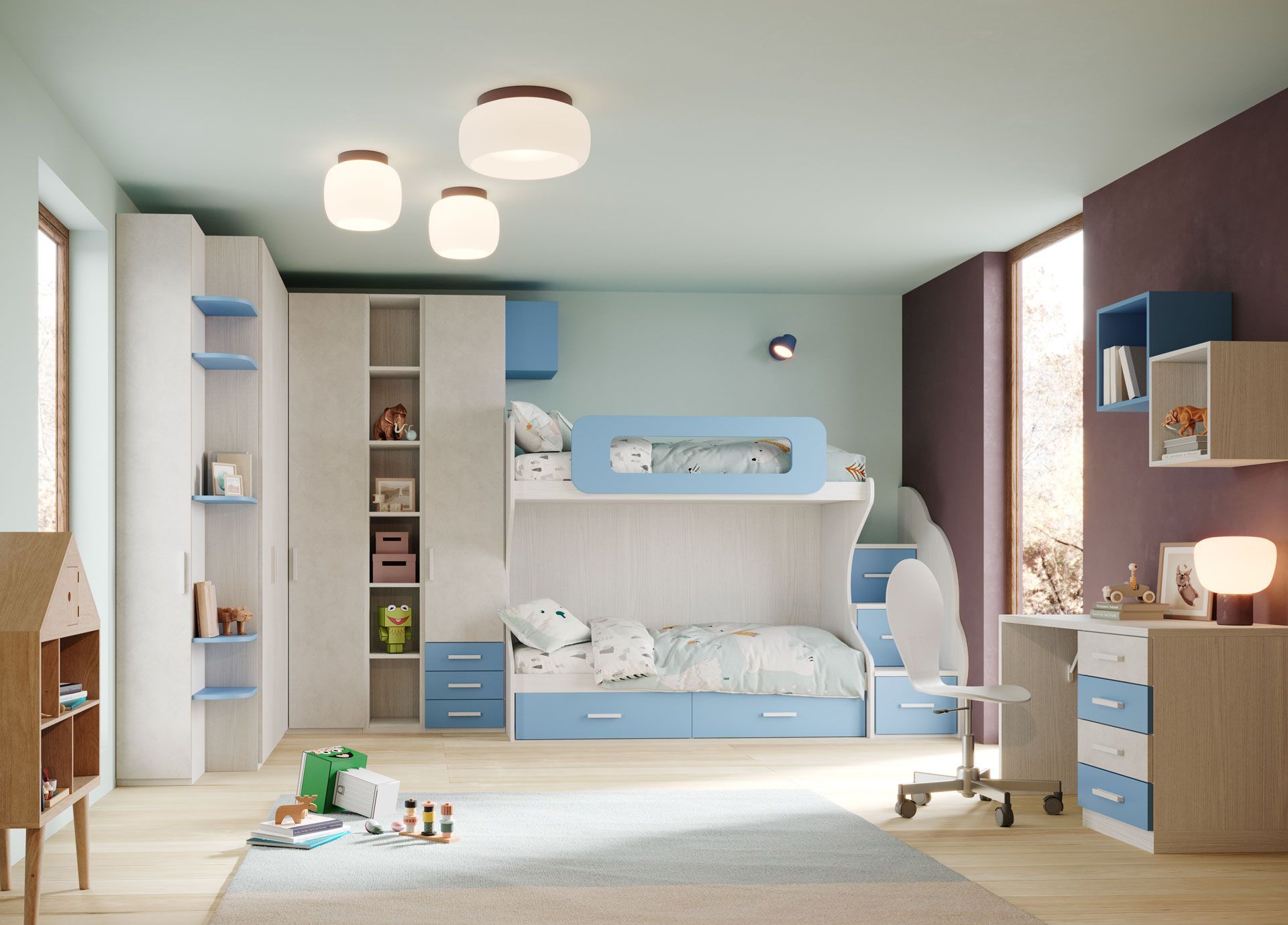 Una cameretta per bambini con un letto a castello blu e bianco, scrivania.