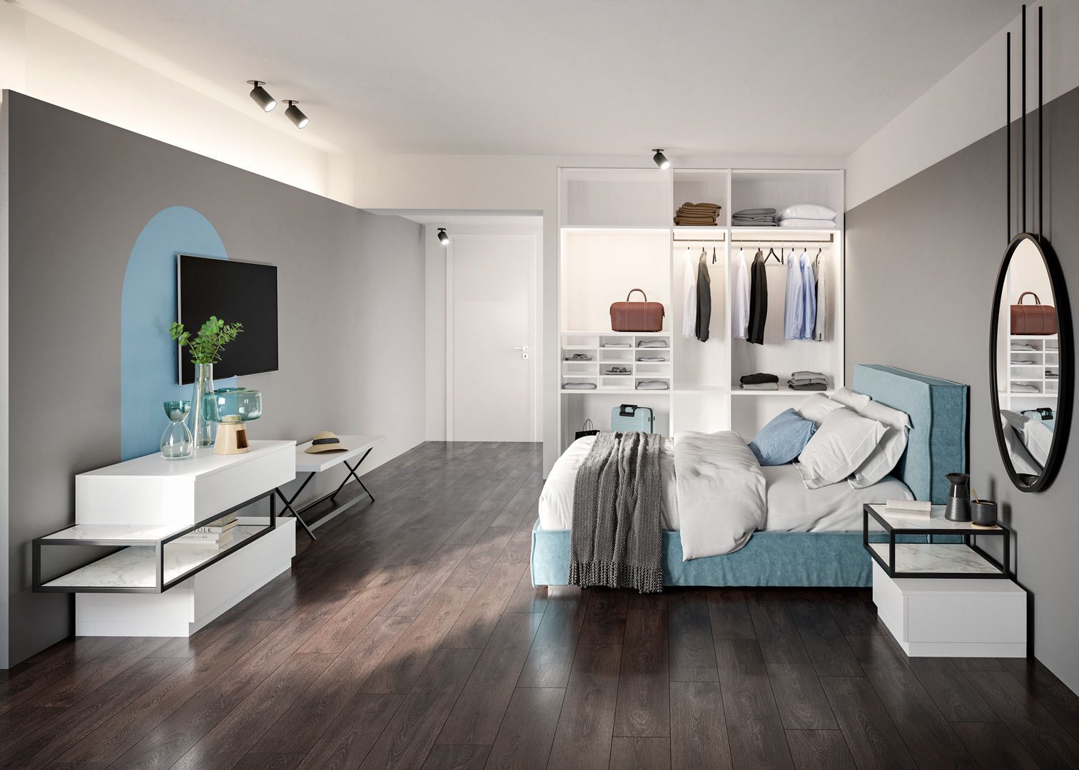 Camera da letto moderna con dettagli blu, pavimenti in legno scuro, mobili bianchi, armadio a vista e parete decorativa.