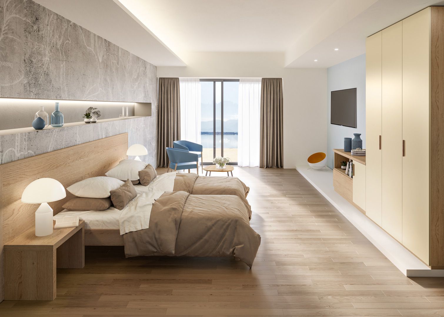 Una camera da letto moderna con due letti, un balcone, una TV e mobili in legno chiaro.