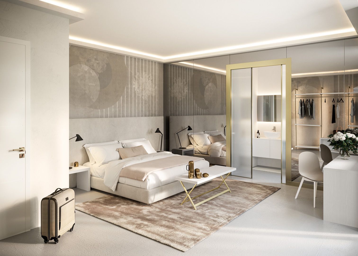 Moderna camera da letto d'albergo con letto, mobiletto per il trucco e cabina armadio; toni neutri.