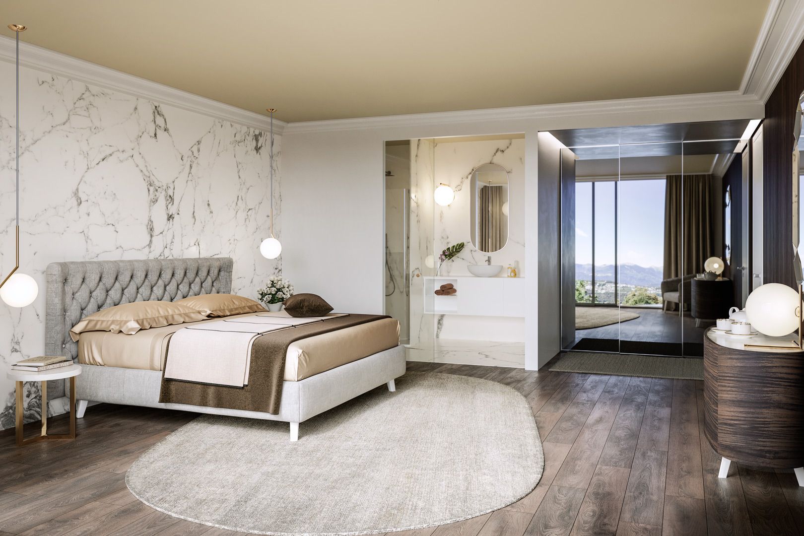 Elegante camera da letto con parete in marmo, letto, tappeto, lavandino e vista sull'esterno.