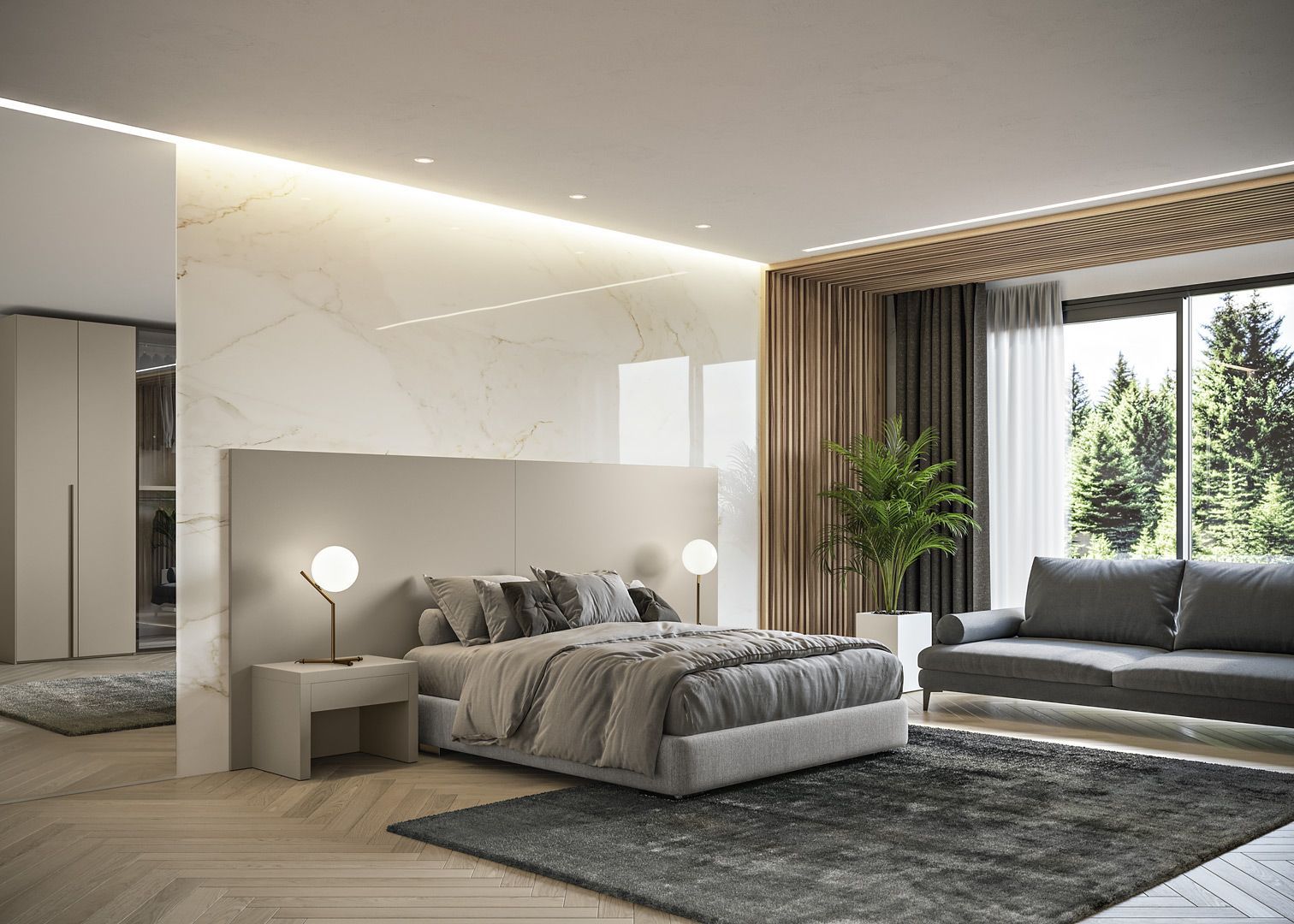 Camera da letto moderna con letto, divano e ampia finestra con vista sugli alberi.