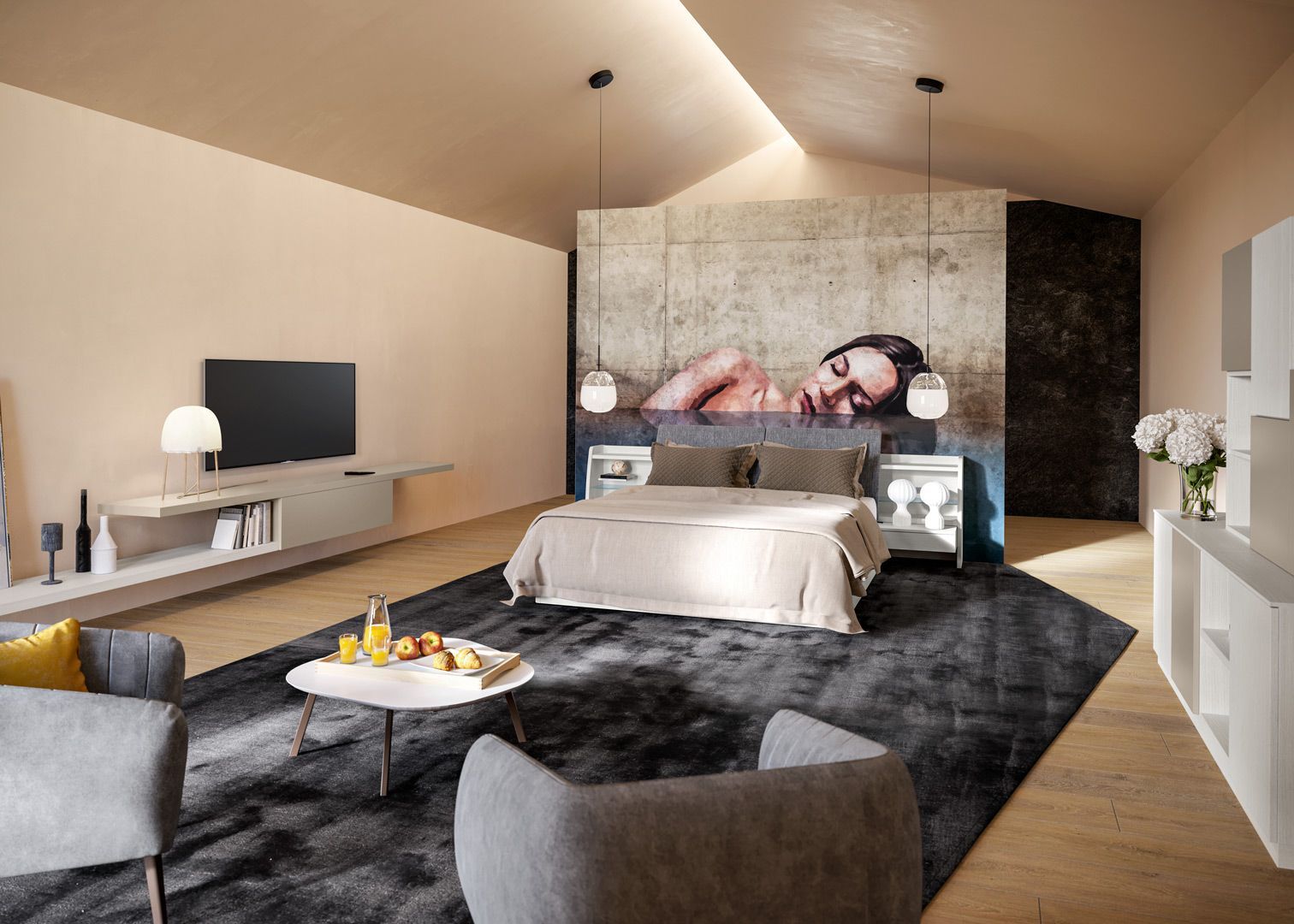 Camera da letto con letto, TV e posti a sedere, caratterizzata da un grande murale e da una tavolozza di colori neutri.