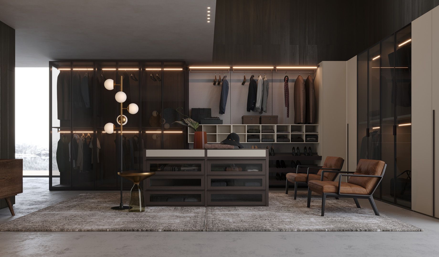 Lussuosa cabina armadio dal design moderno; mobili in legno scuro e vetro, sedie marroni e illuminazione elegante.