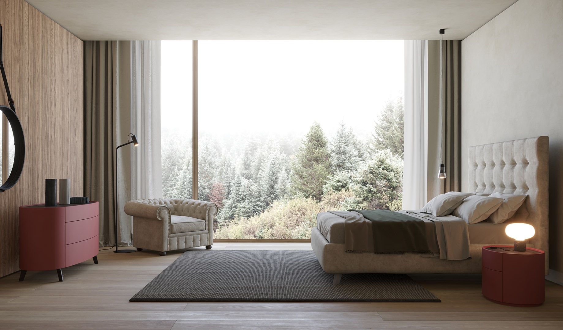 Camera da letto moderna con letto king size, poltrona, ampia finestra con vista sulla foresta, dettagli rosa.